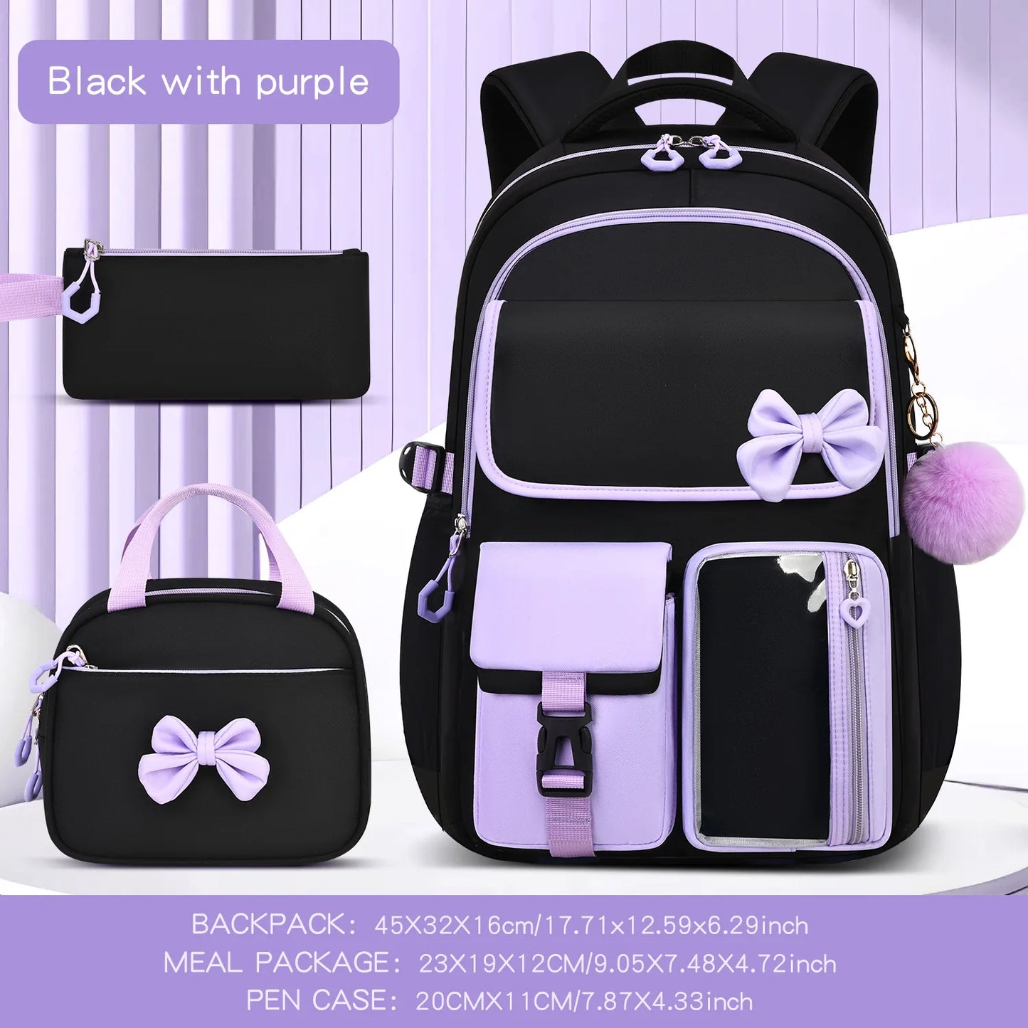 Zaino scolastico elementare multitasche per ragazze, zaino ergonomico impermeabile con fiocco, set di zaini per viaggi all'aperto e uso quotidiano