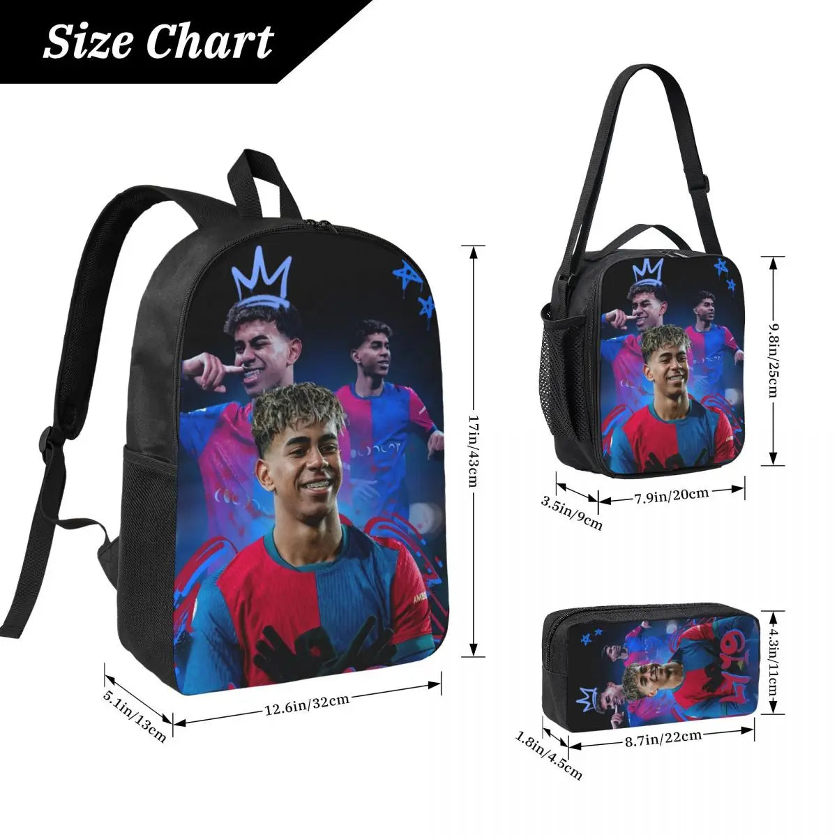 3pecs/set Calcio Numero 19 Lamine Y-Yamal Zaino per studente Borsa a tracolla per scuola superiore Borsa per il pranzo Astuccio