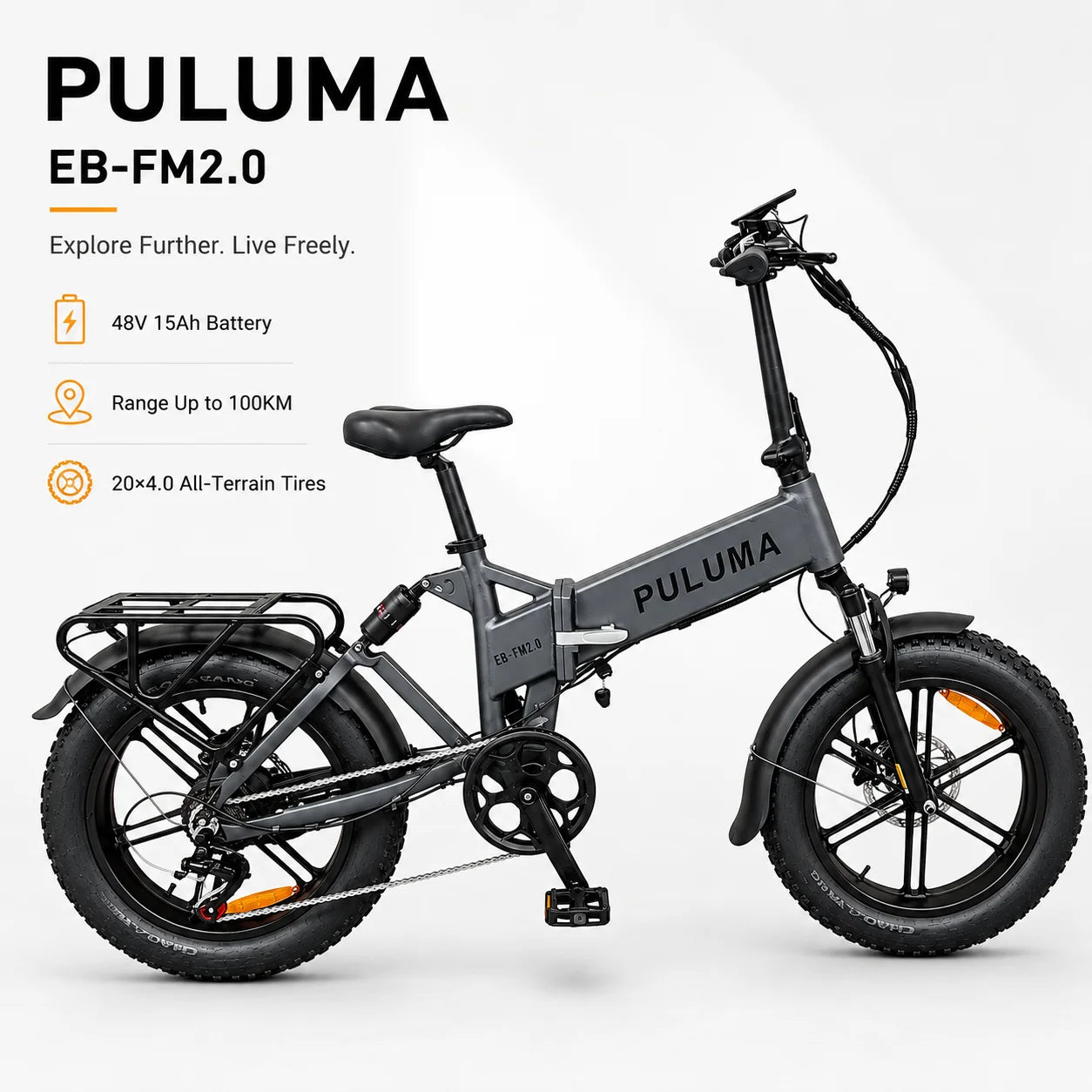 Bicicletta Elettrica Pieghevole PULUMA FM2.0, Batteria Rimovibile 48V15AH, Pneumatici All-Terrain 20*4 Pollici, E-Bike da Montagna per Adulti, Velocità 25km/h, 7 Velocità, Freni a Disco Idraulici, Autonomia 100km
