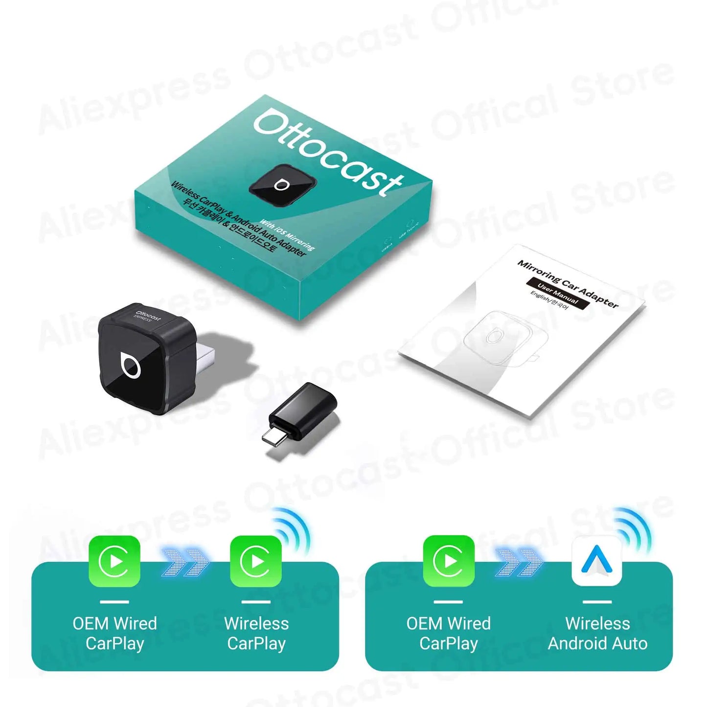 OTTOCAST Express MINI AIR Adattatore Cubo 3 in 1 4.0 Wireless CarPlay Android Auto per Mirroring Schermo iOS Accessori Auto 2026