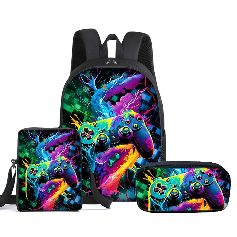 Set di 3 Zaini GamePad con Borsa a Tracolla, Astuccio e Zaino Scolastico per Ragazzi/Ragazze, Miglior Regalo, Zaini Scolastici 2D con Cartoni Animati