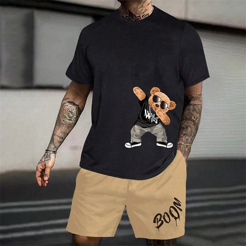 2024 Fun Bear Harajuku T-shirt da uomo estiva allentata quotidiana coppia vestito da strada all'aperto pantaloncini a maniche corte due pezzi abito estivo da uomo