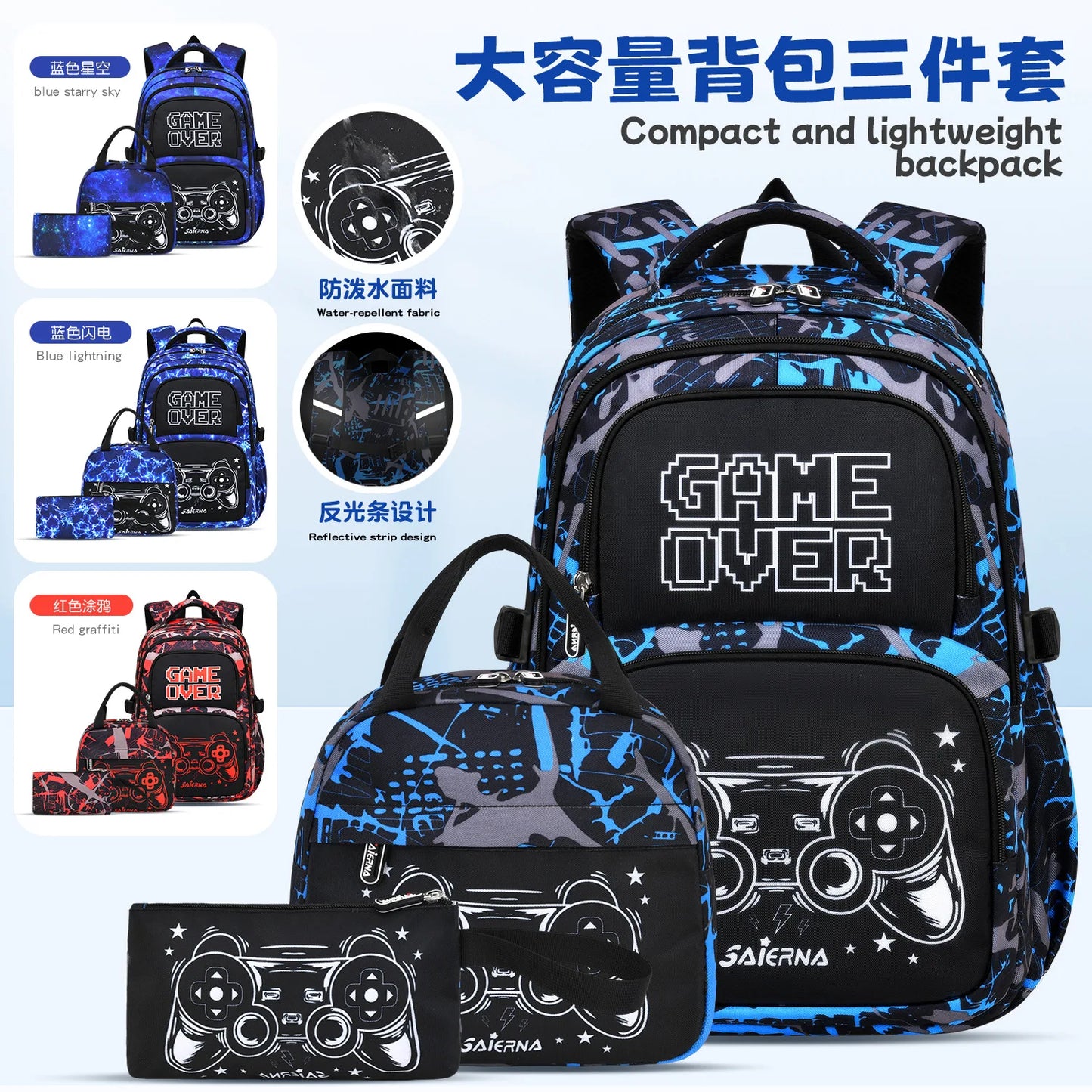 Set di 3 Zaini Scolastici per Bambini, Zaino per Ragazzi delle Elementari con Borsa per il Pranzo, Borsa per Libri, Mochila per Bambini
