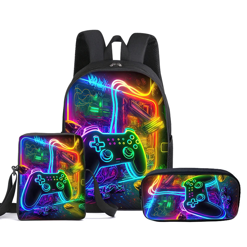 Set di 3 Zaini GamePad con Borsa a Tracolla, Astuccio e Zaino Scolastico per Ragazzi/Ragazze, Miglior Regalo, Zaini Scolastici 2D con Cartoni Animati