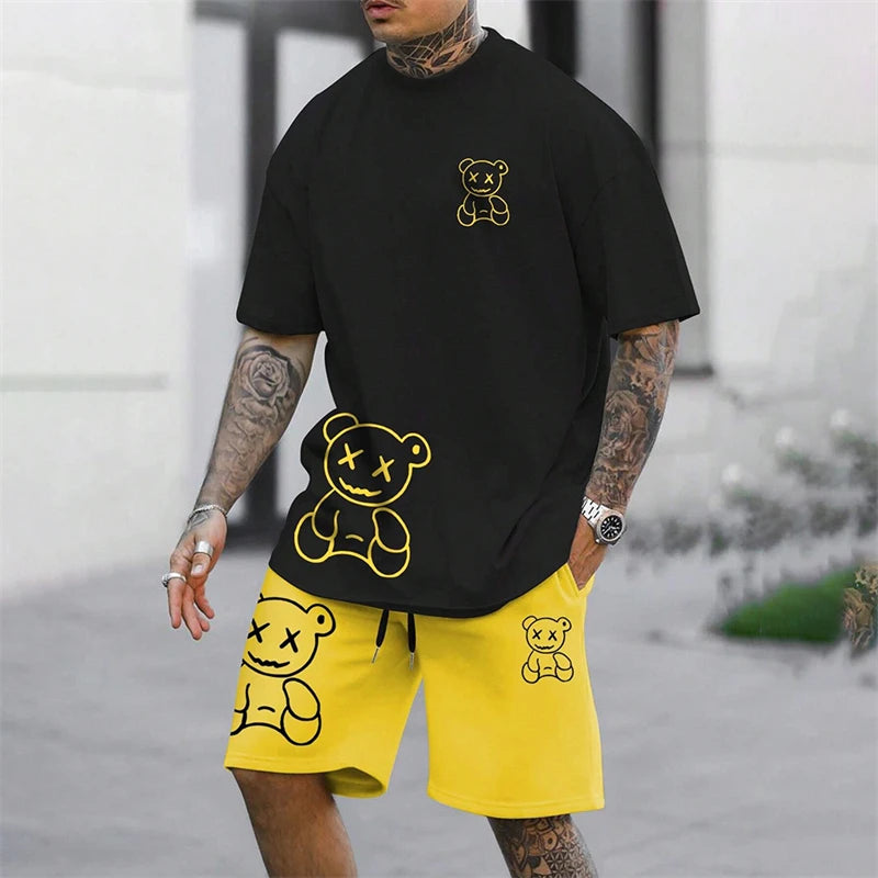 2024 Fun Bear Harajuku T-shirt da uomo estiva allentata quotidiana coppia vestito da strada all'aperto pantaloncini a maniche corte due pezzi abito estivo da uomo