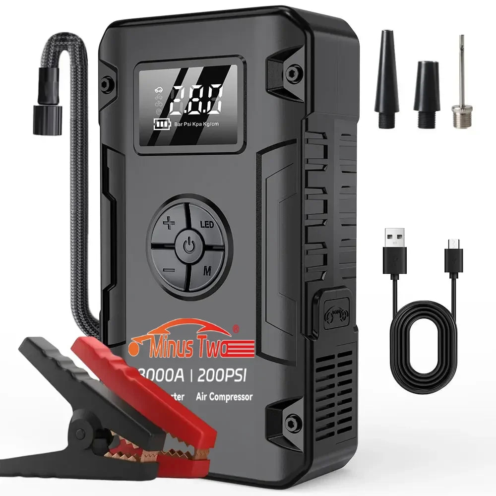 Avviatore d'Emergenza 4-IN-1 per Auto con Compressore d'Aria, Potenza di Picco 4000A, Booster per Batteria Auto, Pompa d'Aria 200PSI, Power Bank Portatile, Gonfiatore Pneumatici