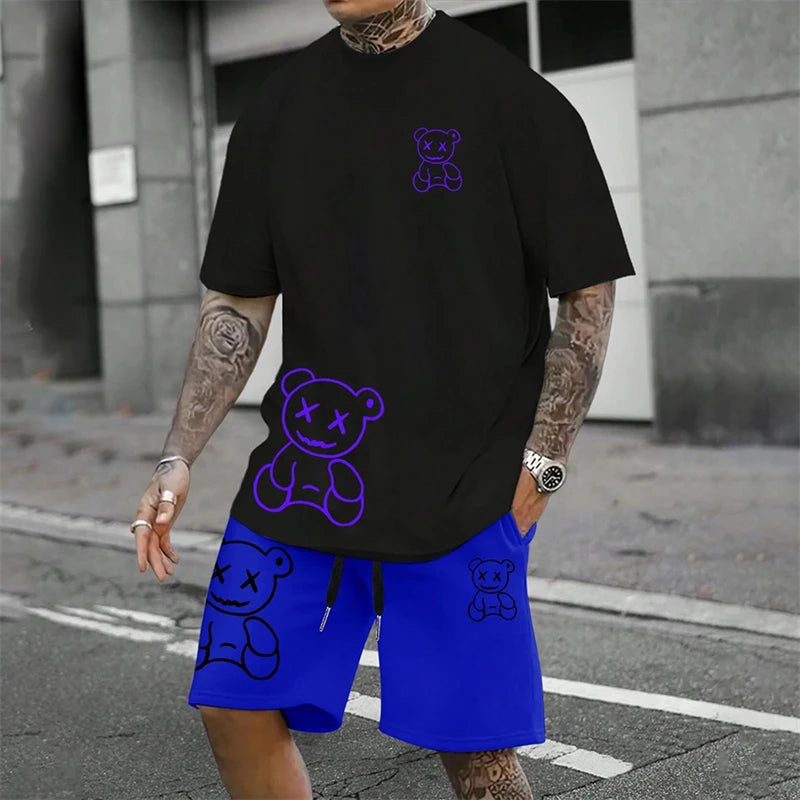 2024 Fun Bear Harajuku T-shirt da uomo estiva allentata quotidiana coppia vestito da strada all'aperto pantaloncini a maniche corte due pezzi abito estivo da uomo