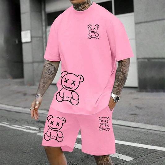 2024 Fun Bear Harajuku T-shirt da uomo estiva allentata quotidiana coppia vestito da strada all'aperto pantaloncini a maniche corte due pezzi abito estivo da uomo