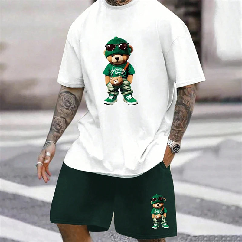 2024 Fun Bear Harajuku T-shirt da uomo estiva allentata quotidiana coppia vestito da strada all'aperto pantaloncini a maniche corte due pezzi abito estivo da uomo