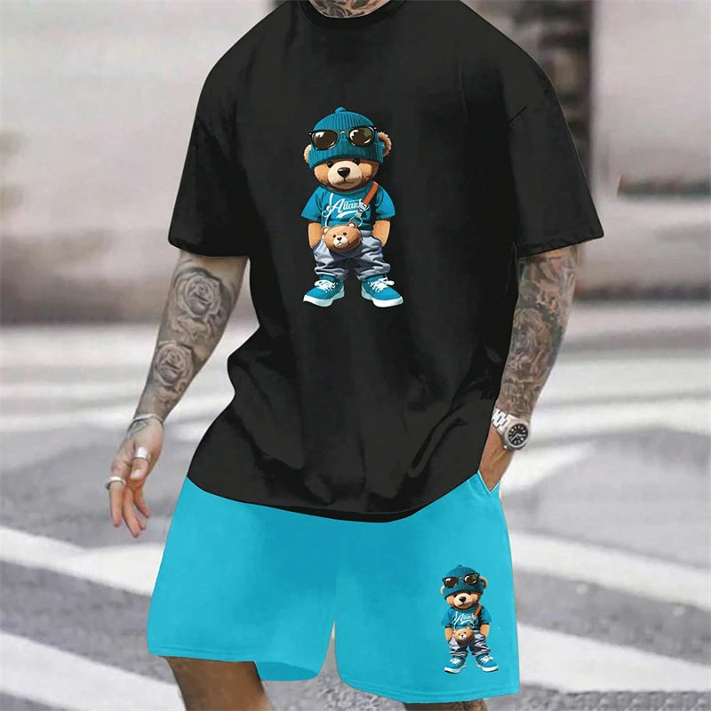 2024 Fun Bear Harajuku T-shirt da uomo estiva allentata quotidiana coppia vestito da strada all'aperto pantaloncini a maniche corte due pezzi abito estivo da uomo