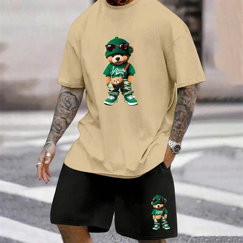 2024 Fun Bear Harajuku T-shirt da uomo estiva allentata quotidiana coppia vestito da strada all'aperto pantaloncini a maniche corte due pezzi abito estivo da uomo
